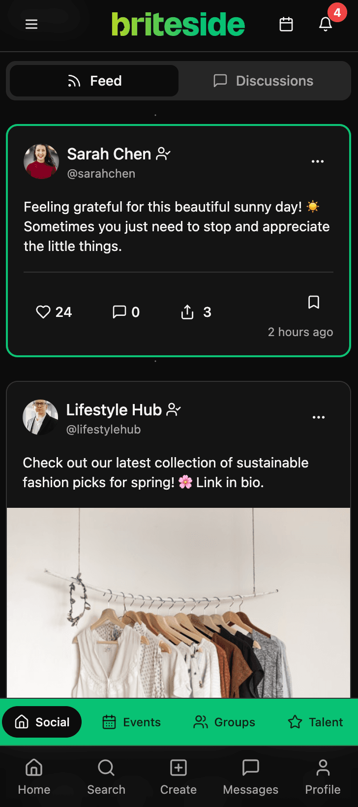Briteside social feed with community posts