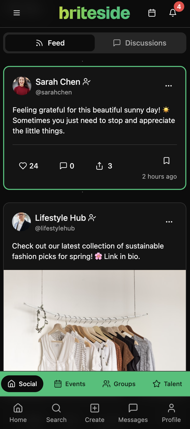 Briteside social feed with community posts